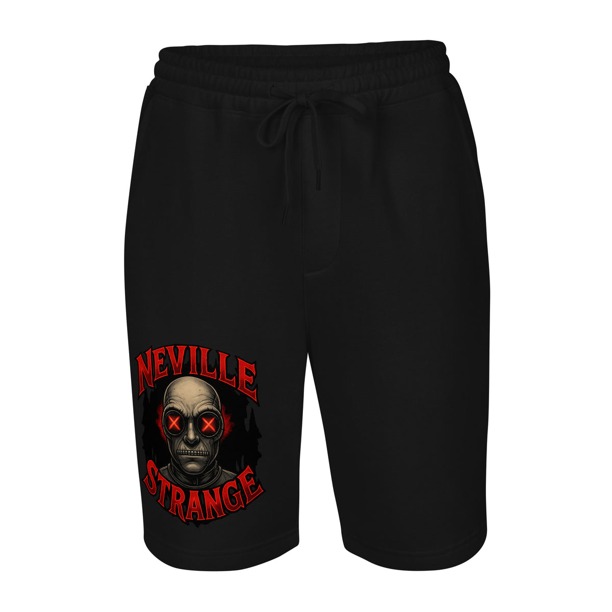 Neville Strange Future Corpses design on men's fleece shorts, front view