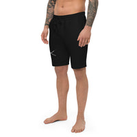 Dual Samurai Swords design on men's fleece shorts, left-front view