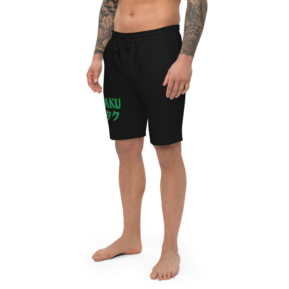 Otaku オタク design on men's fleece shorts, left-front view