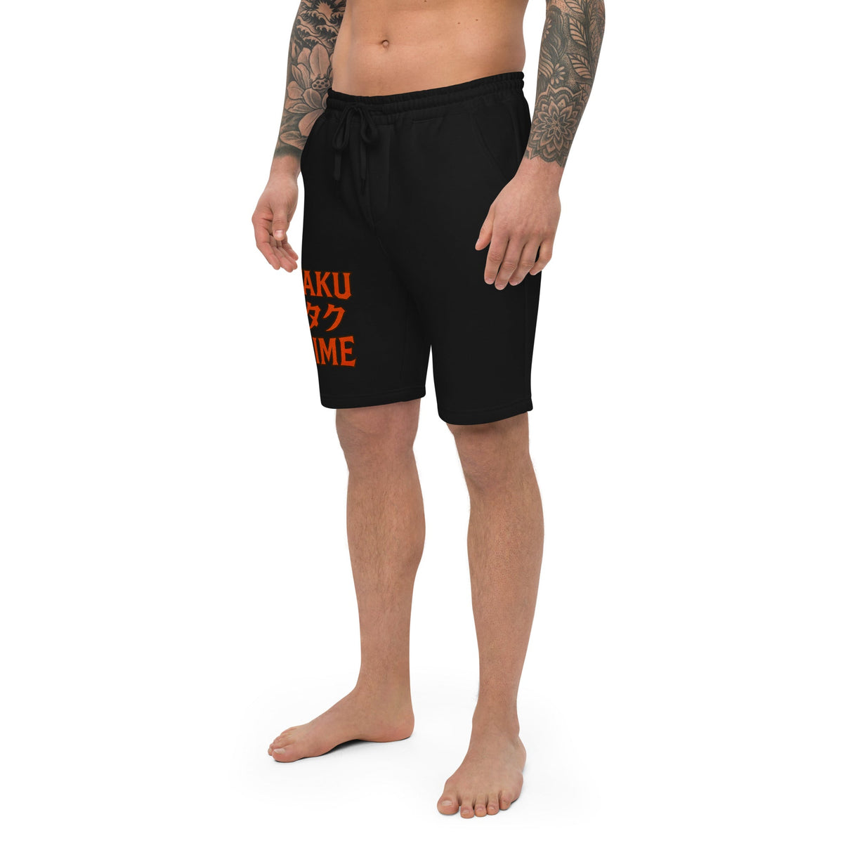 Otaku オタク Anime design on men's fleece shorts, left-front view