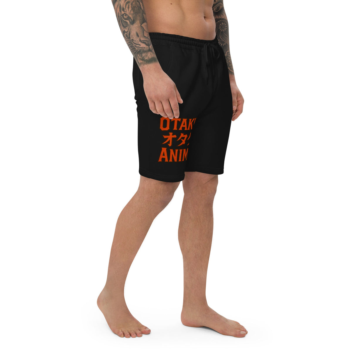 Otaku オタク Anime design on men's fleece shorts, right-front view