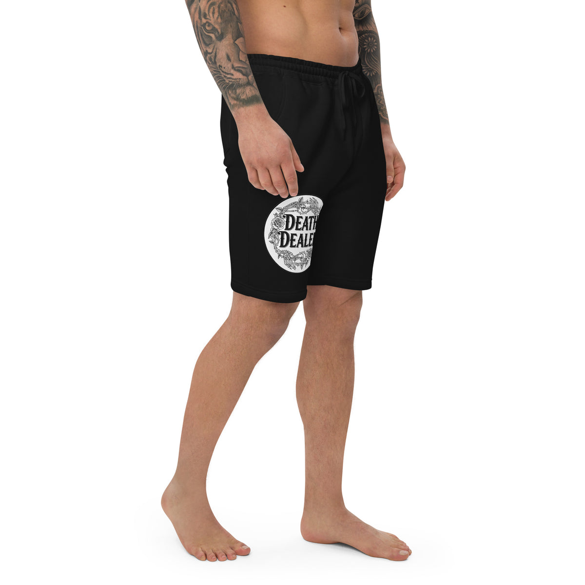 Death Dealer design on men's fleece shorts, right-front view