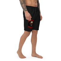 Neville Strange Future Corpses design on men's fleece shorts, right-front view