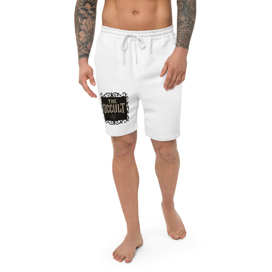 The Occult design on men's fleece shorts, front view