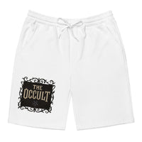 The Occult design on men's fleece shorts, front view