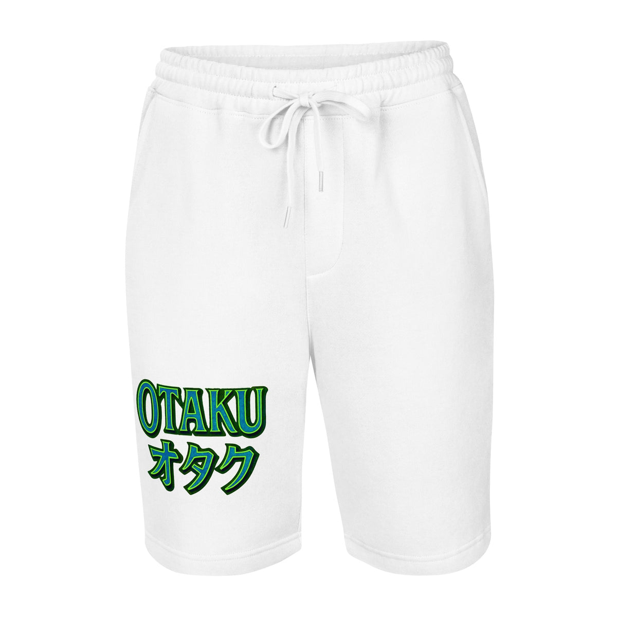 Otaku オタク design on men's fleece shorts, front view