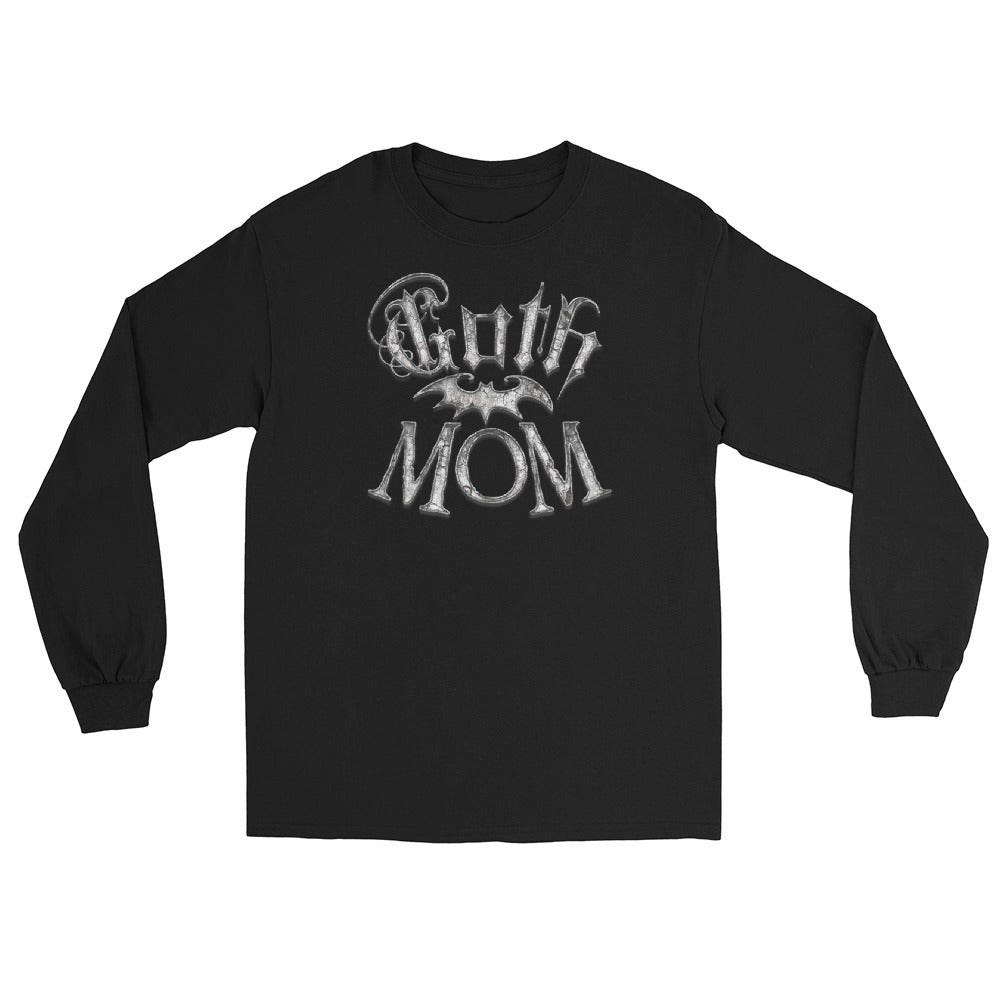 White Goth Mom Bat design on unisex long sleeve shirt, front view