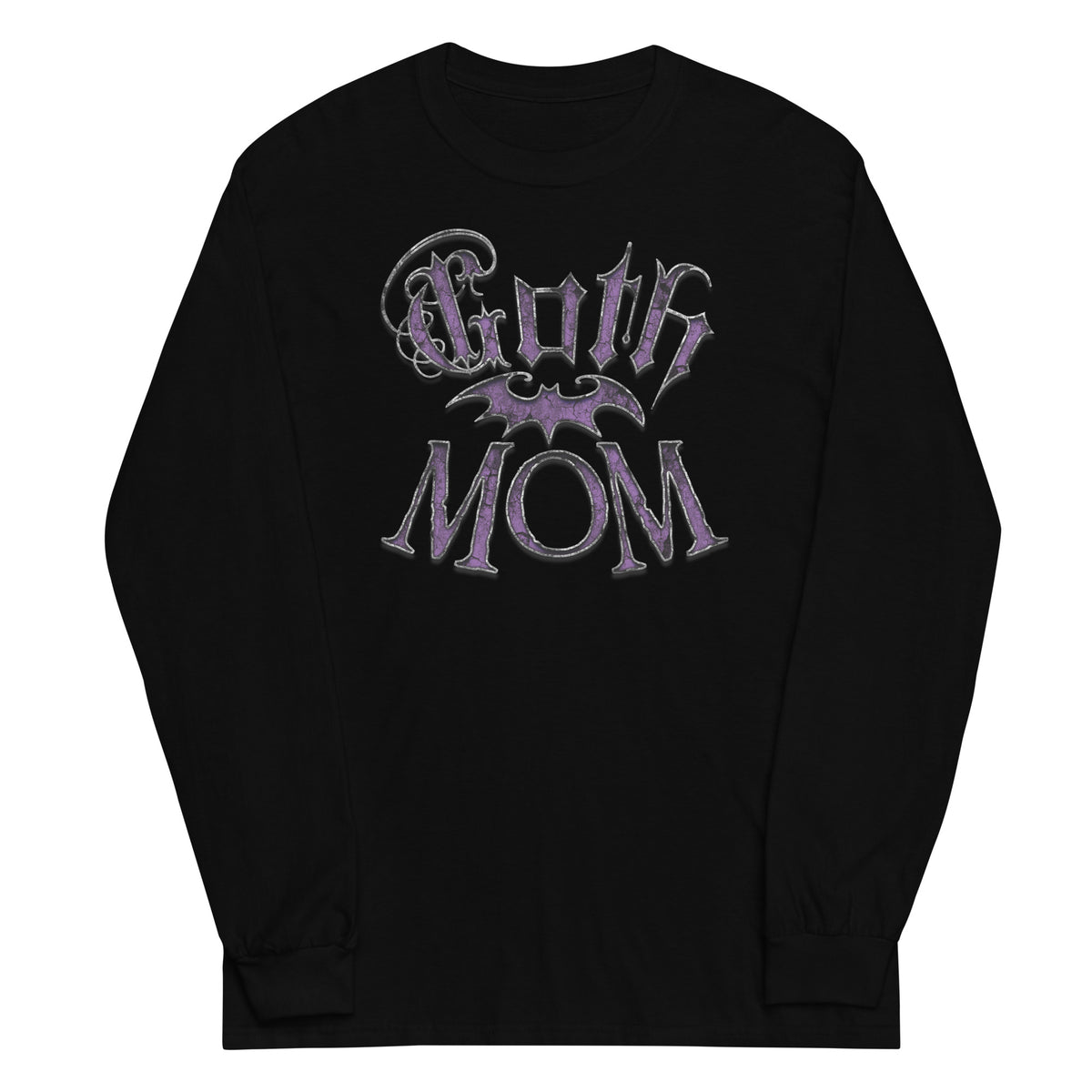 Purple Goth Mom Bat design on unisex long sleeve shirt, front view