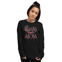 Red Goth Mom Bat design on unisex long sleeve shirt, front view