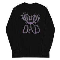 Purple Goth Dad Bat design on unisex long sleeve shirt, front view