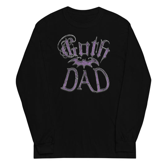 Purple Goth Dad Bat design on unisex long sleeve shirt, front view