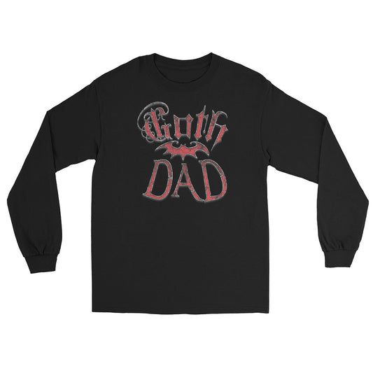 Red Goth Dad Bat design on unisex long sleeve shirt, front view