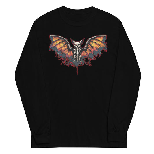 Vampire Bat Skeleton design on unisex long sleeve shirt, front view