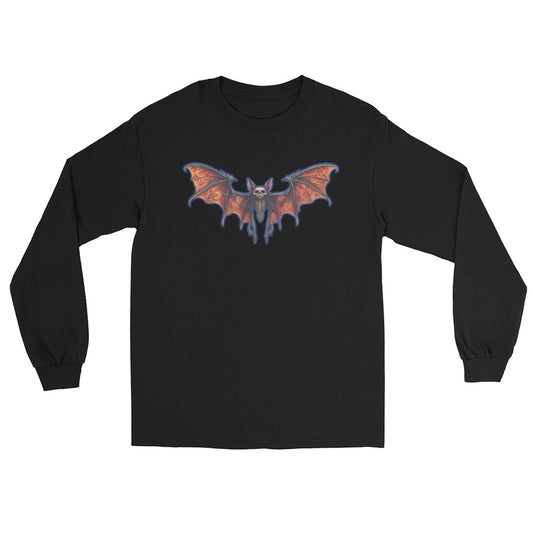 Whimsical Vampire Bat Skeleton design on unisex long sleeve shirt, front view