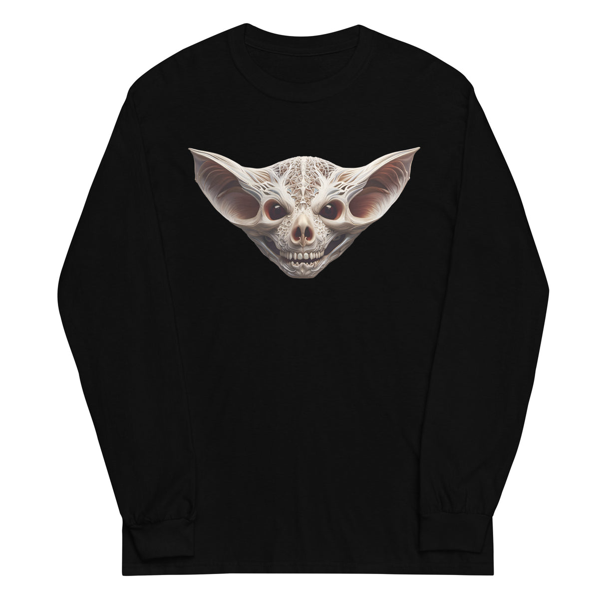 Grinning Bat Skull design on unisex long sleeve shirt, front view
