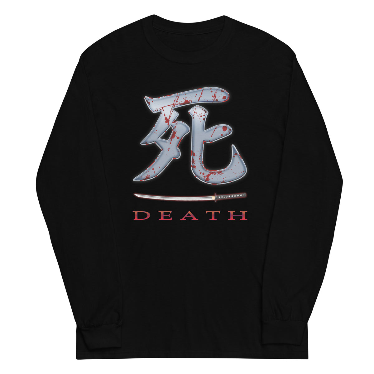 Death Kanji 死 Bloody Sword design on unisex long sleeve shirt, front view