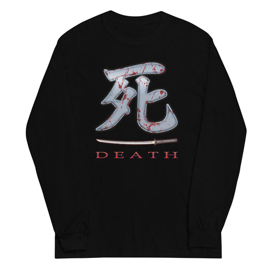 Death Kanji 死 Bloody Sword design on unisex long sleeve shirt, front view