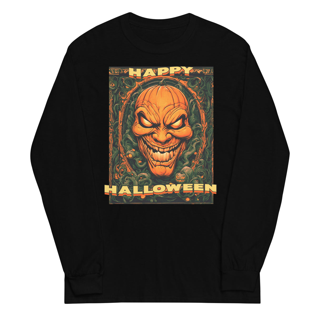 Happy Halloween Evil Pumpkin design on unisex long sleeve shirt, front view
