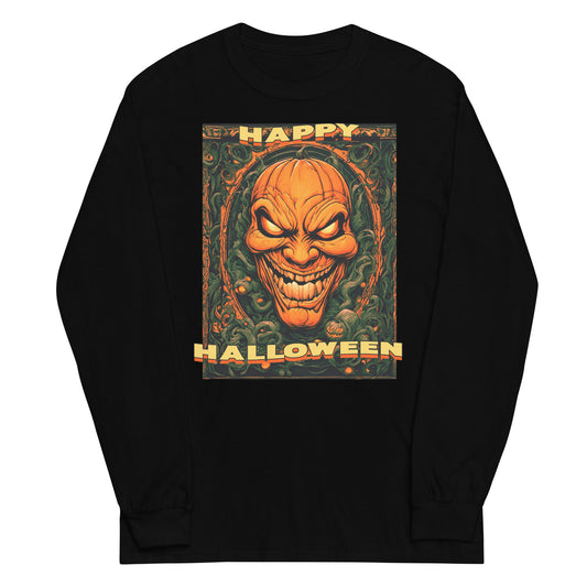 Happy Halloween Evil Pumpkin design on unisex long sleeve shirt, front view