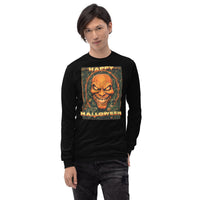 Happy Halloween Evil Pumpkin design on unisex long sleeve shirt, front view