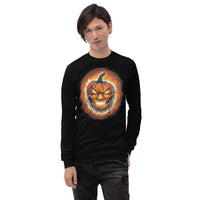Fire Jack O' Lantern design on unisex long sleeve shirt, front view