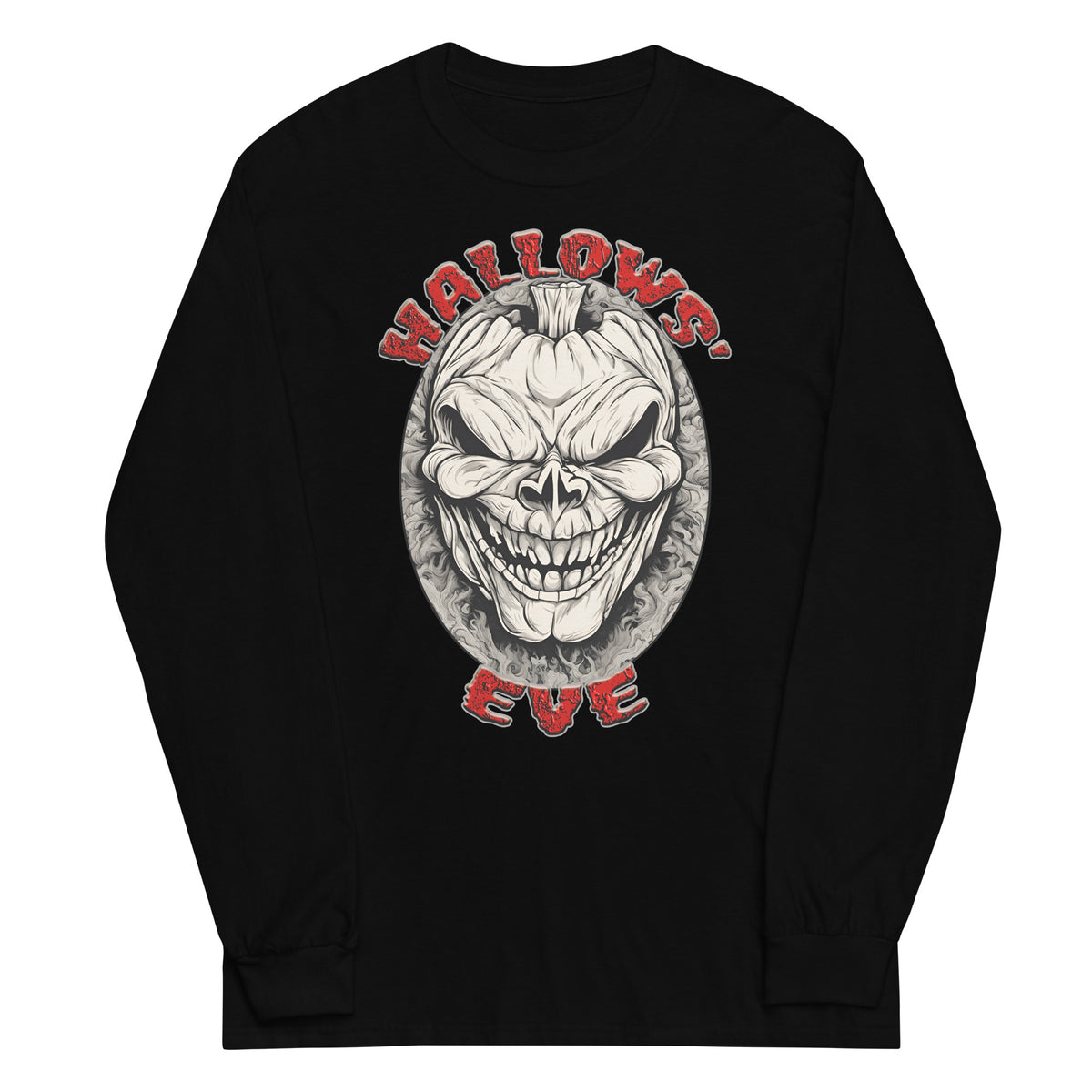 Grinning Skull Pumpkin design on unisex long sleeve shirt, front view