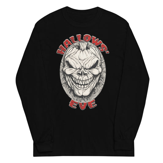 Grinning Skull Pumpkin design on unisex long sleeve shirt, front view