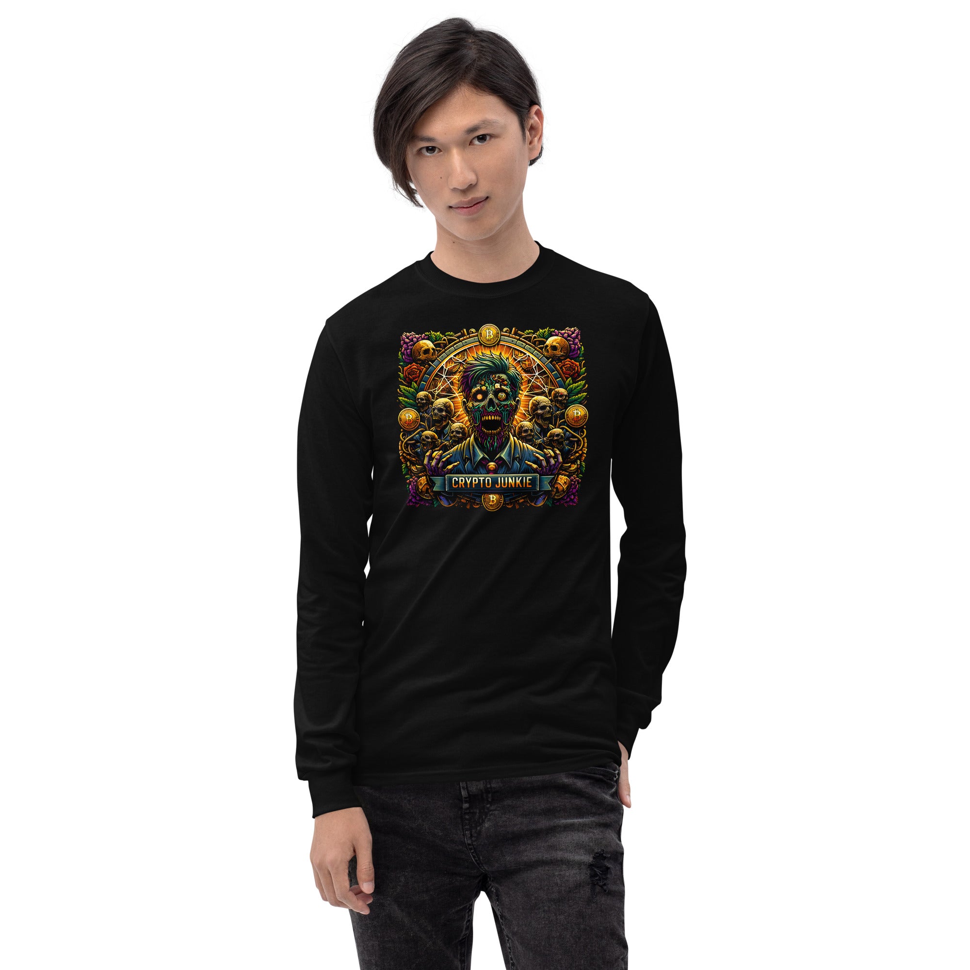 Crypto Junkie Zombie Businessman Horror Bitcoin Long Sleeve Shirt