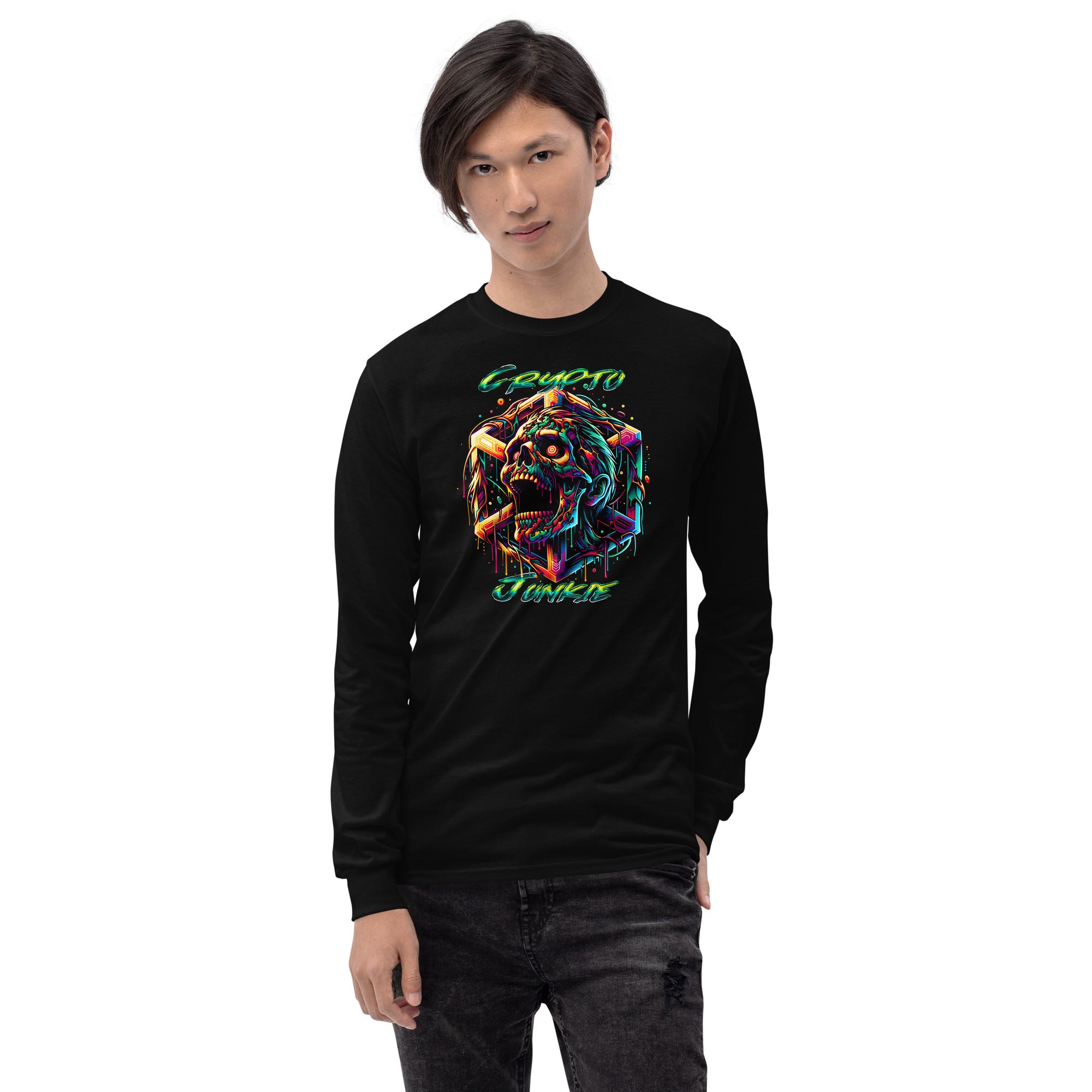 Screaming Zombie Skull Crypto Junkie Altcoins Season Long Sleeve Shirt