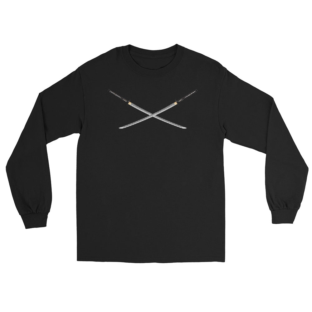 Dual Samurai Swords design on unisex long sleeve shirt, front view
