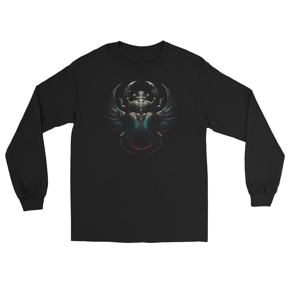 Ancient Egyptian Scarab Beetle design on unisex long sleeve shirt, front view