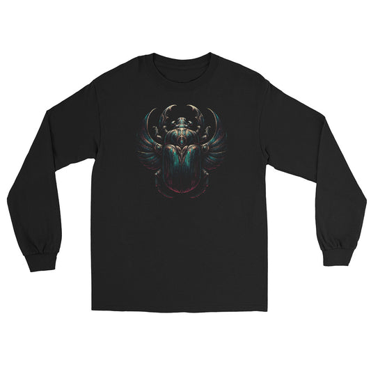 Ancient Egyptian Scarab Beetle design on unisex long sleeve shirt, front view