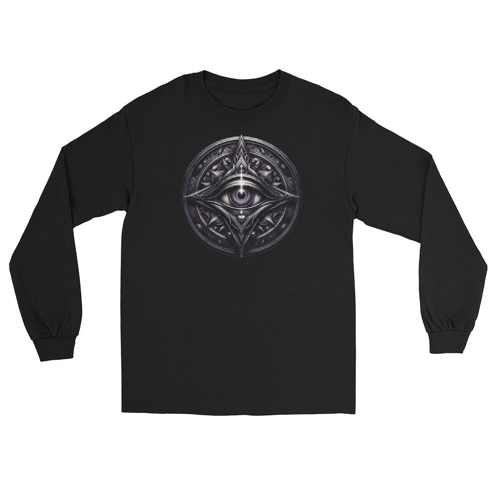 Illuminati All-Seeing Eye design on unisex long sleeve shirt, front view