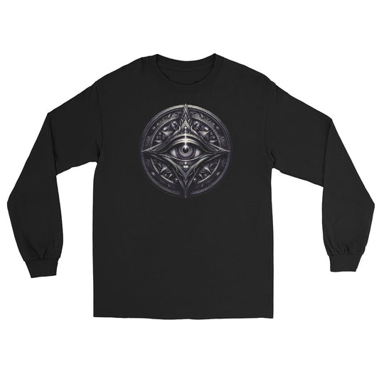 Illuminati All-Seeing Eye design on unisex long sleeve shirt, front view