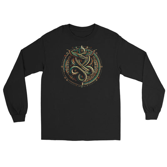 Egyptian Ouroboros Snake design on unisex long sleeve shirt, front view
