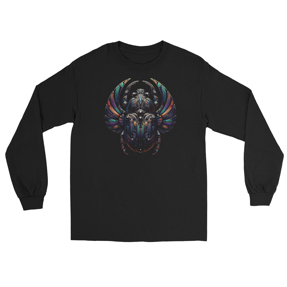 Mechanical Scarab Beetle design on unisex long sleeve shirt, front view