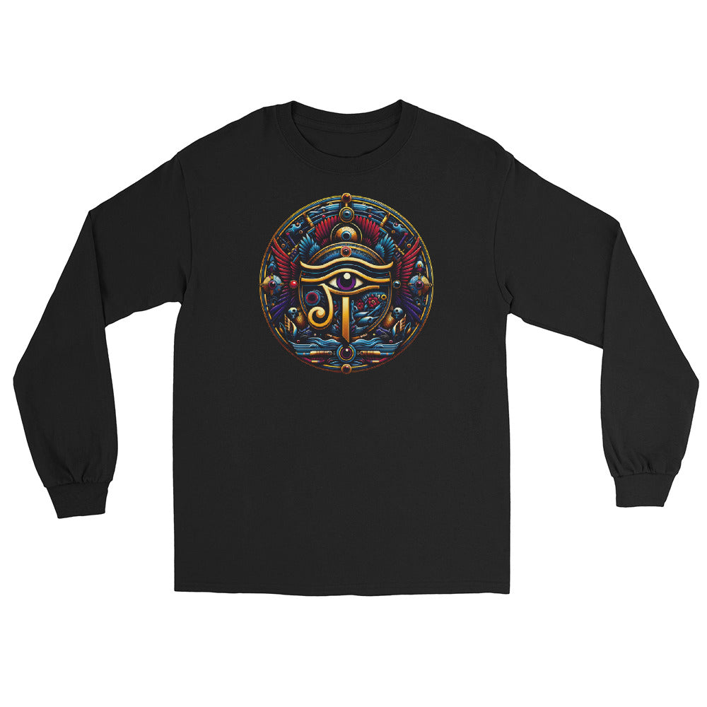 Eye of Ra Egyptian Symbol design on unisex long sleeve shirt, front view