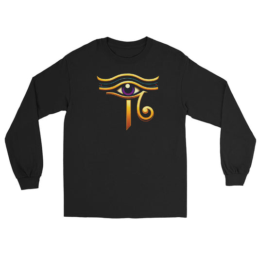 Eye of Ra Sun God design on unisex long sleeve shirt, front view