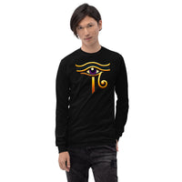 Eye of Ra Sun God design on unisex long sleeve shirt, front view
