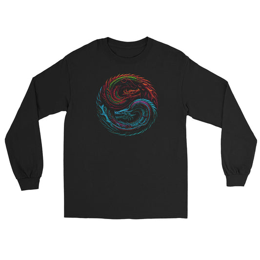 Yin Yang Dragon Fire & Ice design on unisex long sleeve shirt, front view