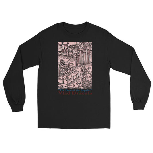 Feast of the Impaler design on unisex long sleeve shirt, front view