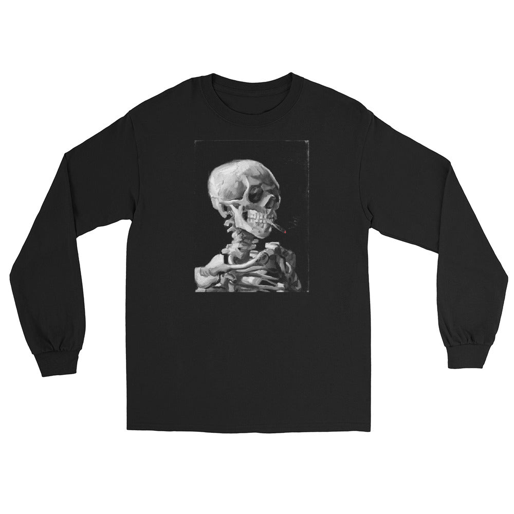 Skeleton Smoking Van Gogh design on unisex long sleeve shirt, front view