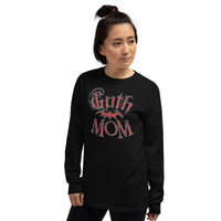 Red Goth Mom Bat design on unisex long sleeve shirt, left-front view