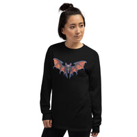 Whimsical Vampire Bat Skeleton design on unisex long sleeve shirt, left-front view