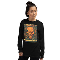 Happy Halloween Evil Pumpkin design on unisex long sleeve shirt, left-front view