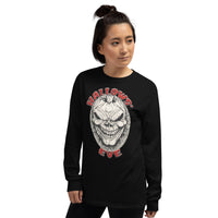 Grinning Skull Pumpkin design on unisex long sleeve shirt, left-front view