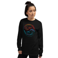 Yin Yang Dragon Fire & Ice design on unisex long sleeve shirt, left-front view