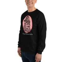 Vlad the Impaler design on unisex long sleeve shirt, left-front view
