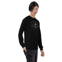 Ancient Egyptian Scarab Beetle design on unisex long sleeve shirt, right-front view