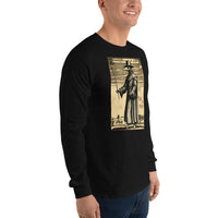 Plague Doctor 1334 design on unisex long sleeve shirt, right-front view